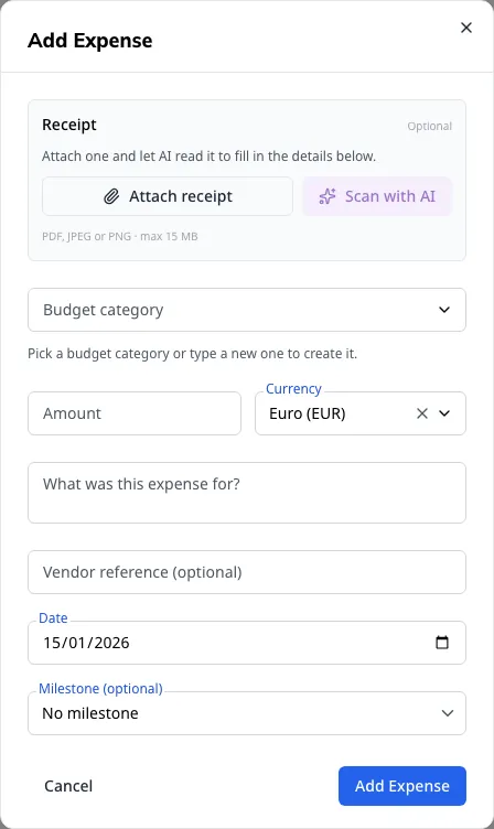 Recording an expense — category, milestone, and the receipt