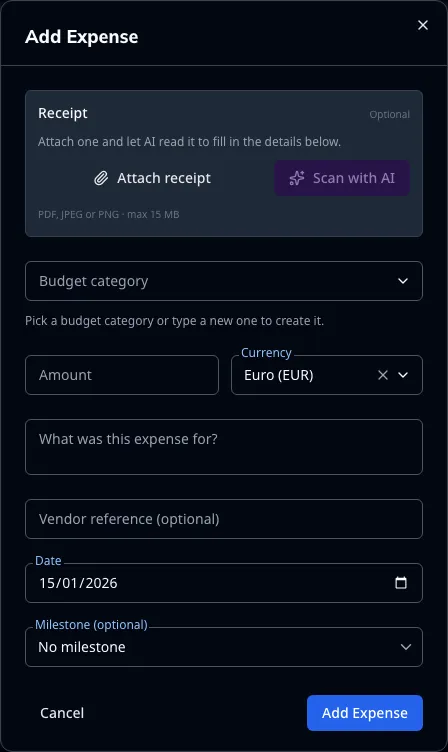 Recording an expense — category, milestone, and the receipt