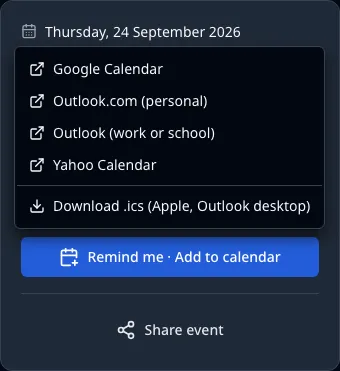 The Add to calendar menu on an event page