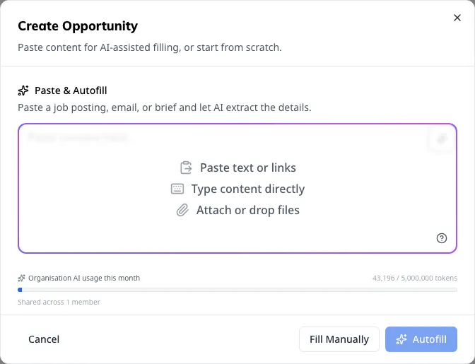 Step one: paste something and let the AI read it, or go straight to the form.