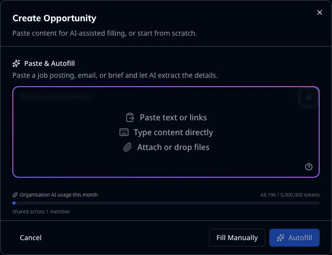 Step one: paste something and let the AI read it, or go straight to the form.