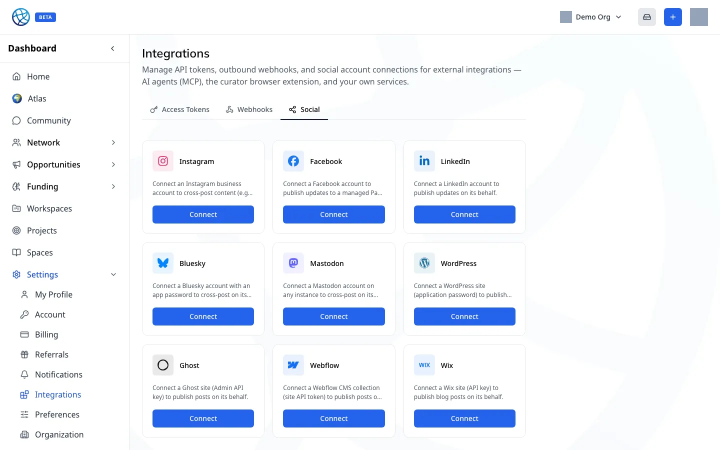 The Social tab: the channels an organisation can connect and post to