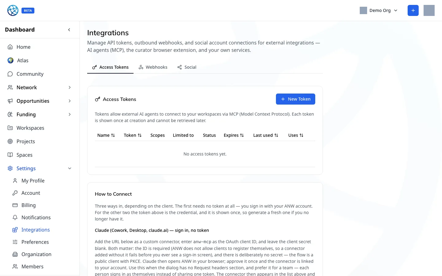 Access tokens, webhooks and social connections