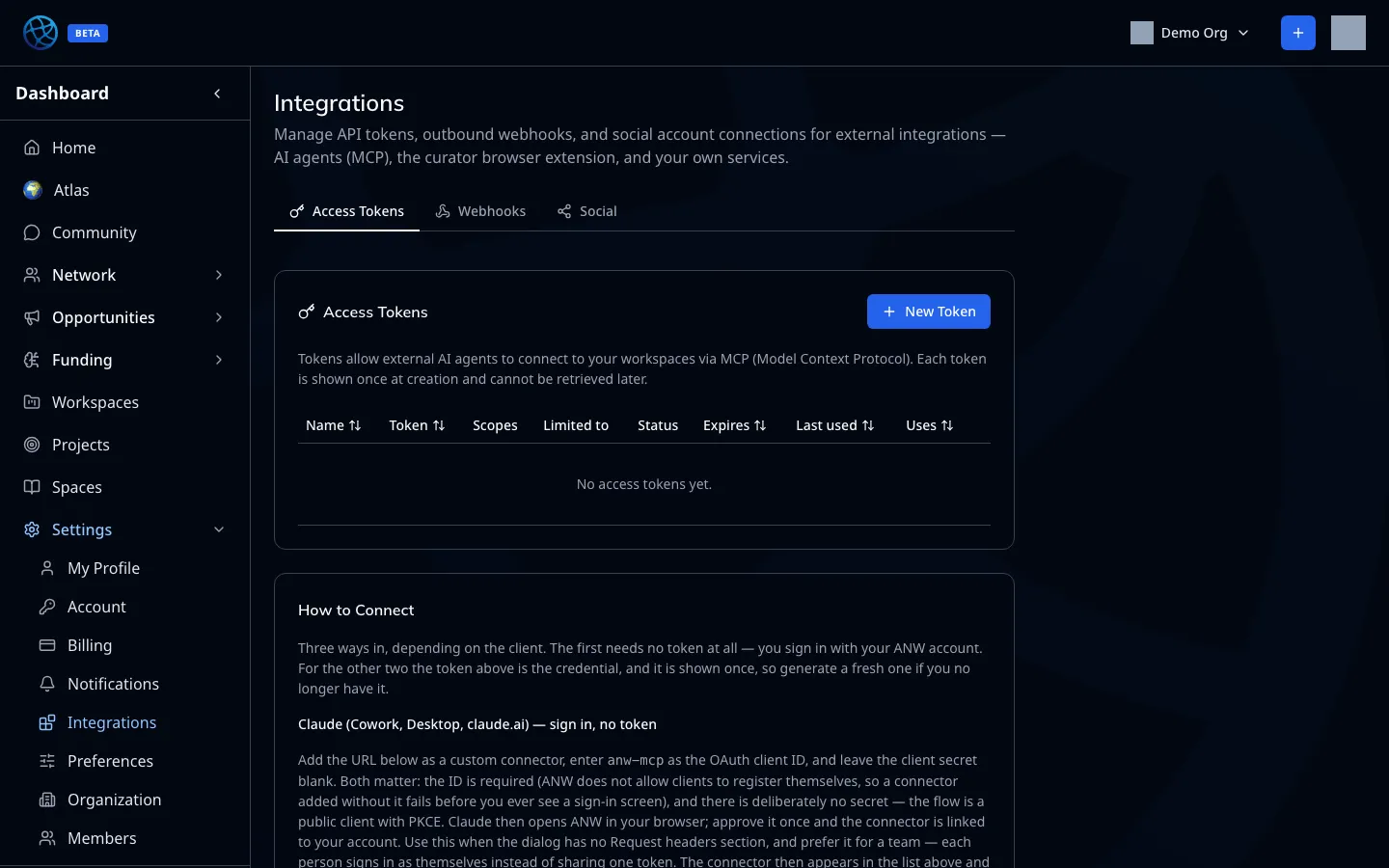 Access tokens, webhooks and social connections