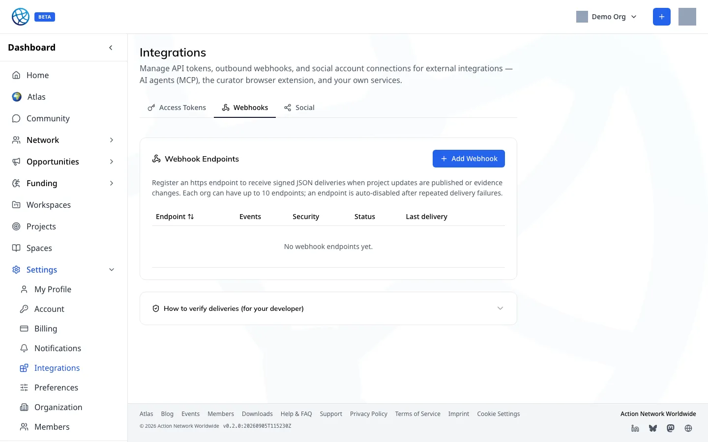 Outbound webhook endpoints, with their signing and delivery state