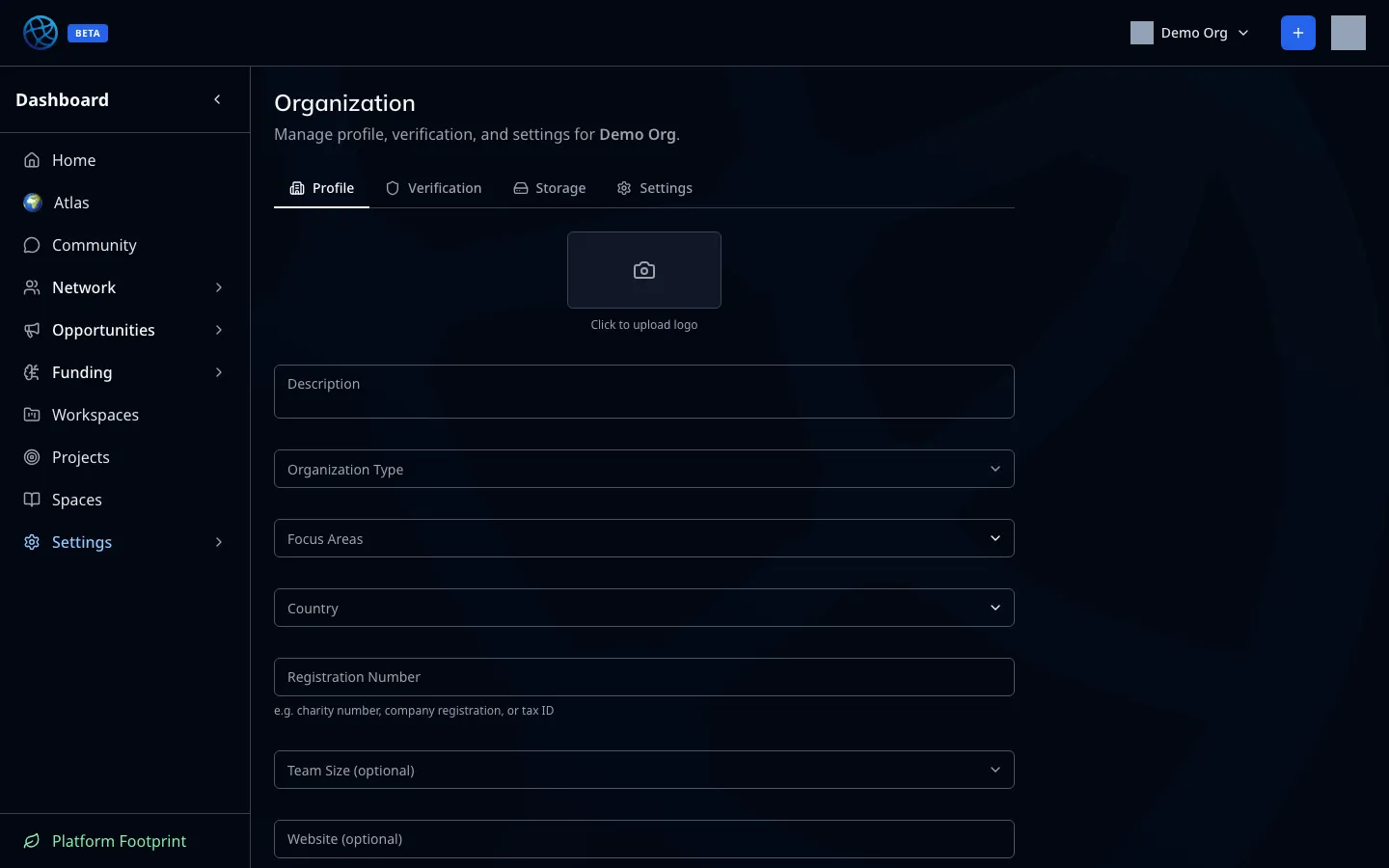 The organisation settings screen, as it opens
