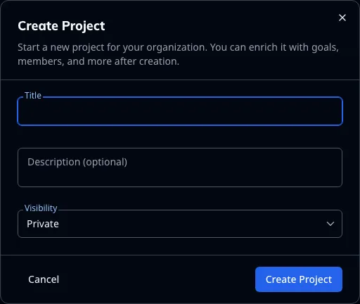 Starting a project — title, description and who can see it
