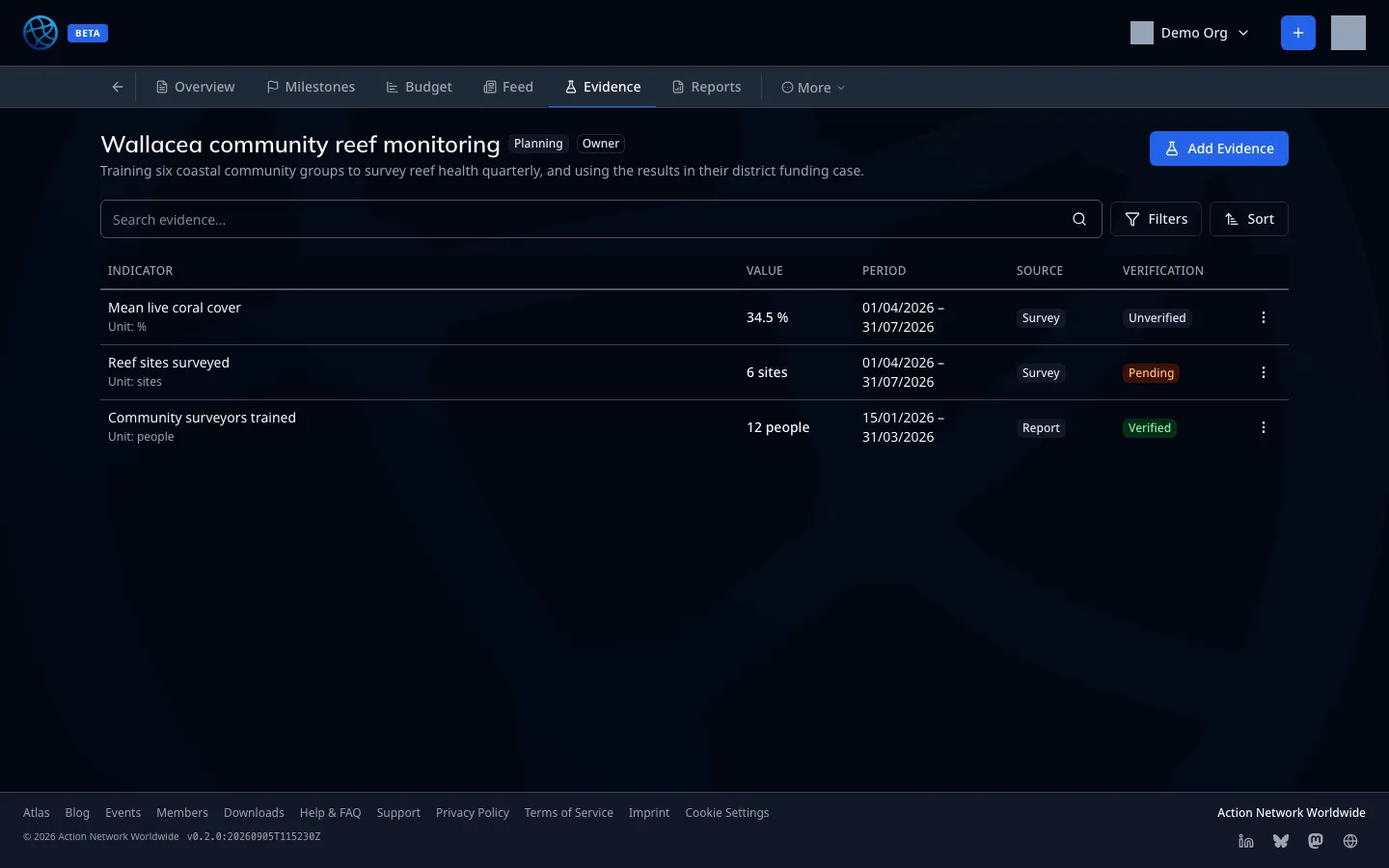 Evidence records, each carrying its source and verification state