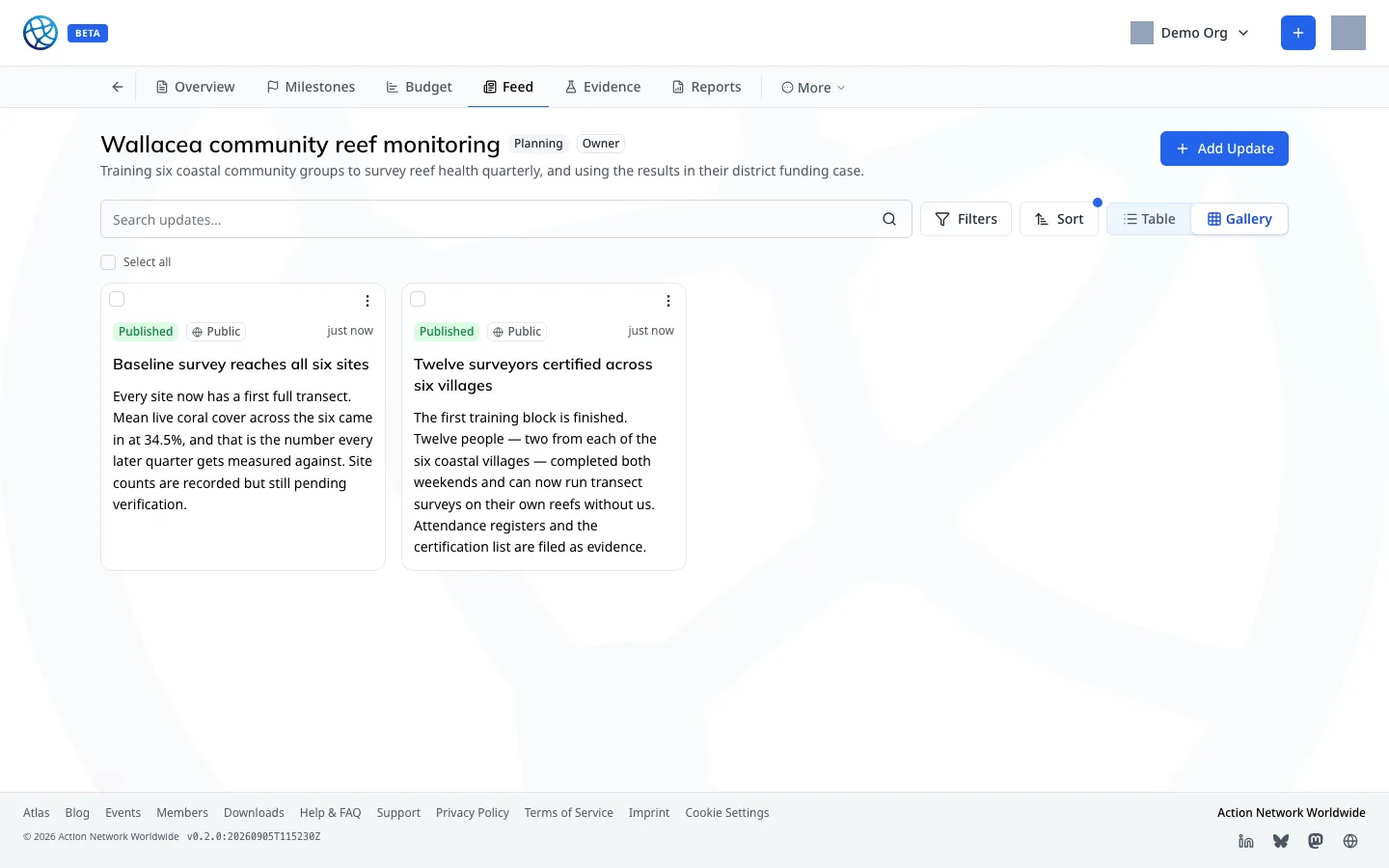The project feed — updates as the public sees them