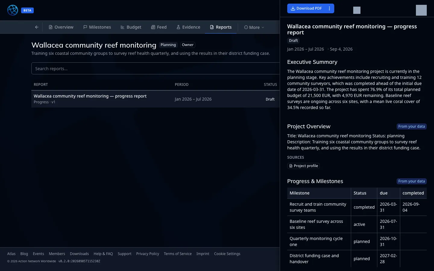 A generated progress report, open beside the report list
