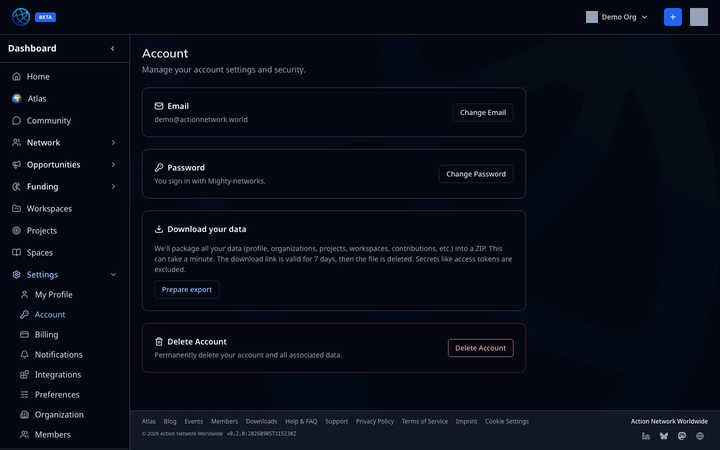 Exporting your data, and deleting the account