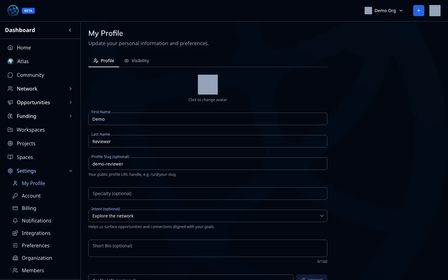 The profile fields matching reads — specialty, needs, offers, interests, match tags