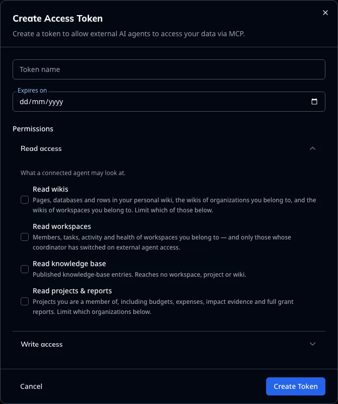 Creating a token — scopes, and narrowing what it can reach