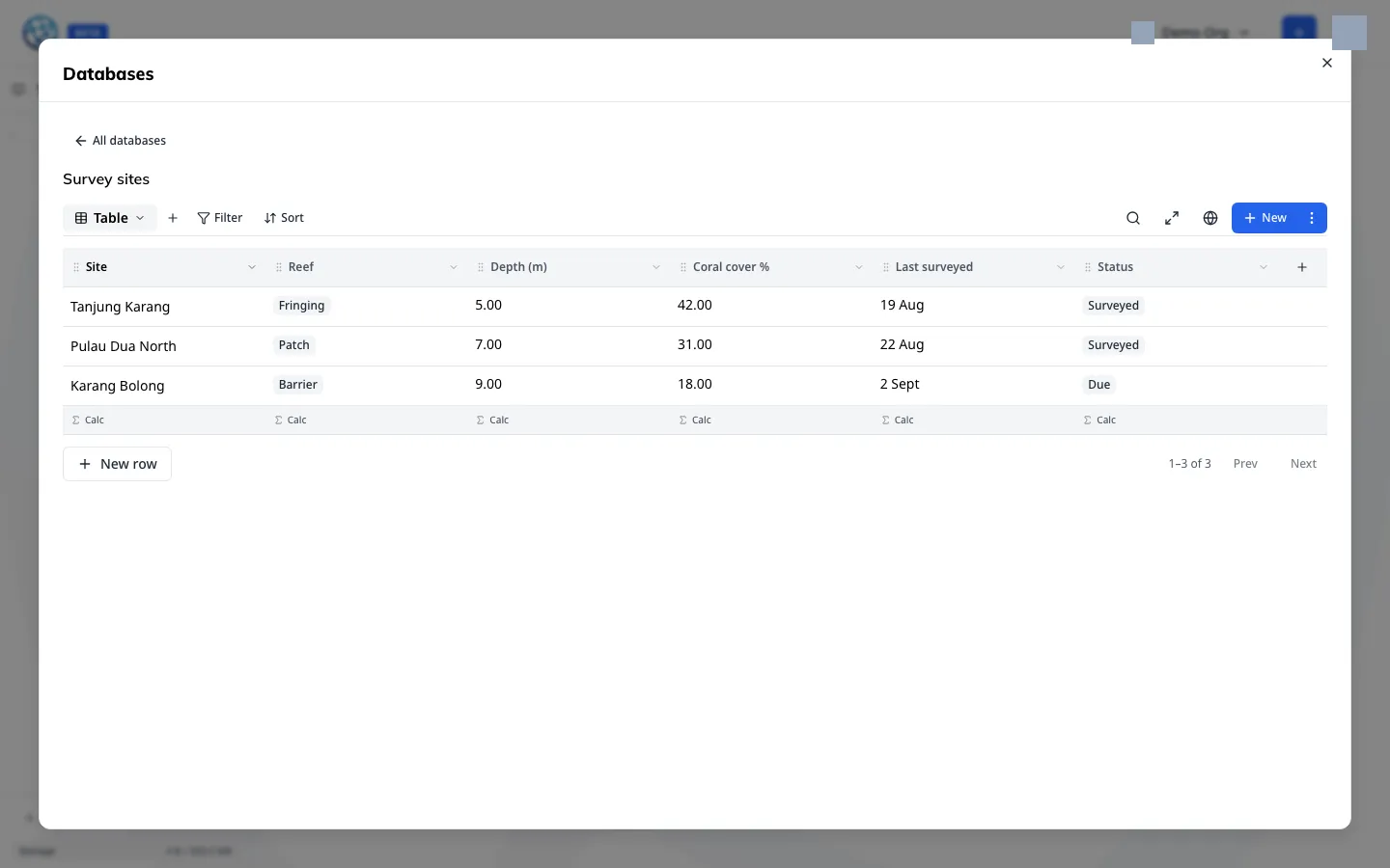 A database in a wiki space — typed columns, rows, and the view bar