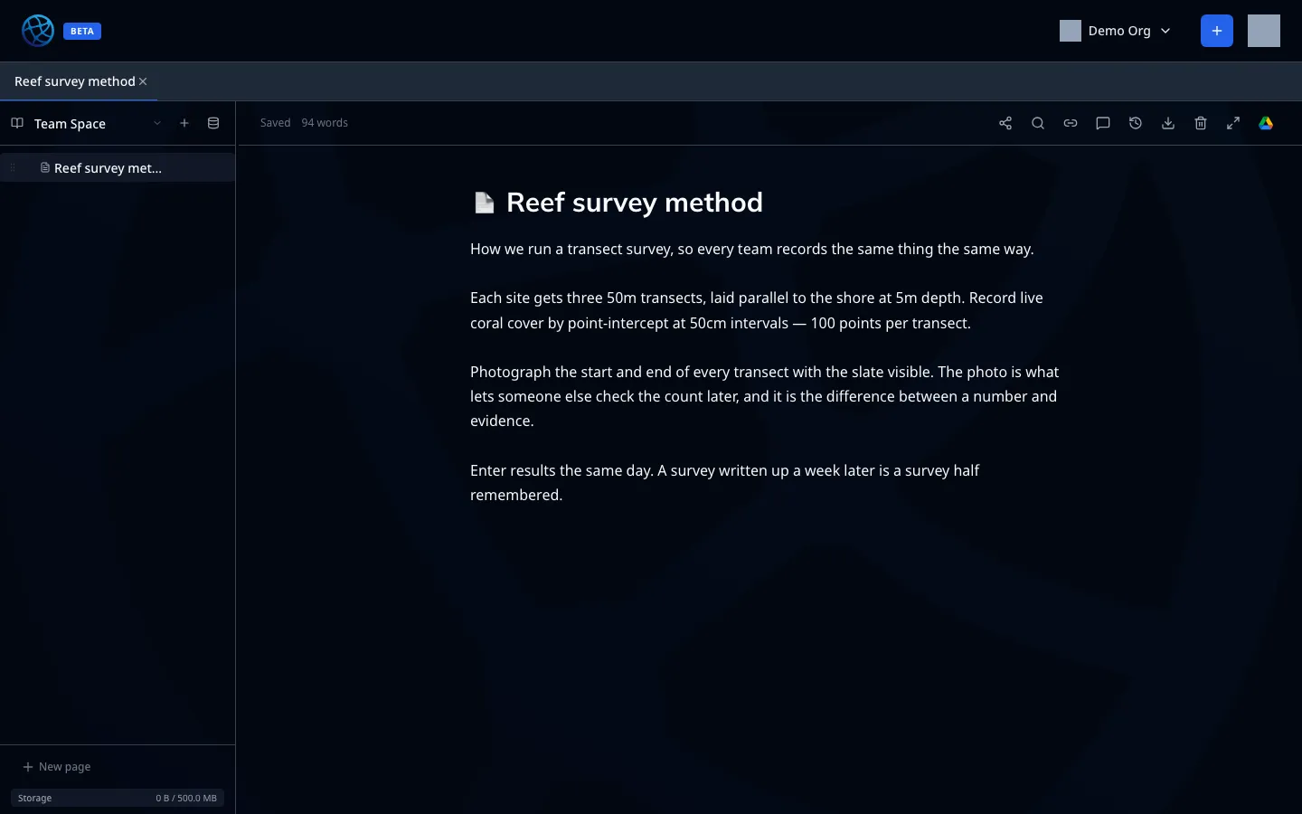 A page in an organisation space, with the page tree beside it