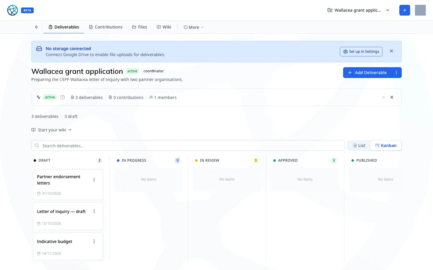 A workspace: deliverables, contributions, files and its own wiki