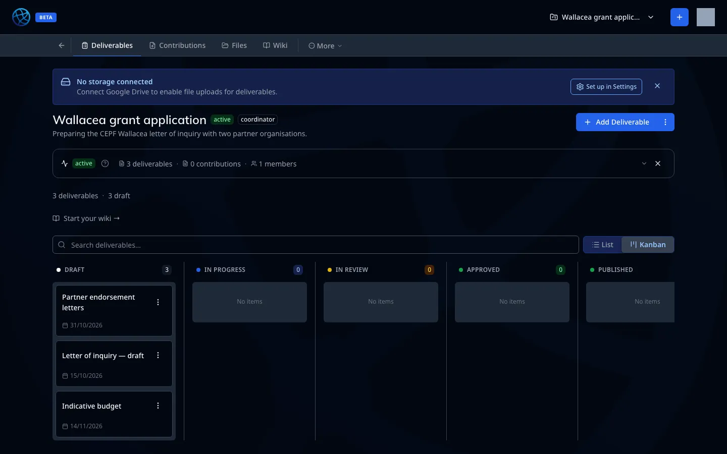 A workspace: deliverables, contributions, files and its own wiki
